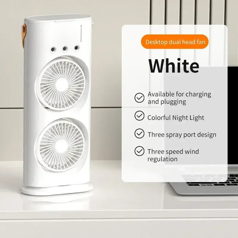 ET Dual-Head Desk Fan with 3 whole mist and Rgb lights  – Silent & Powerful Cooling Fan for Office and Home